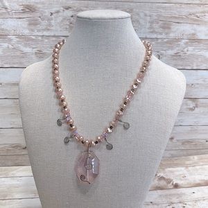 Vintage Pink Necklace Glass Beads & Silver Rope Accents